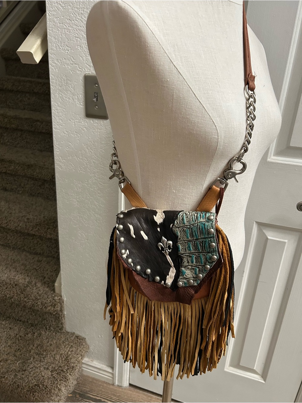 Fringed Mixed-Material Crossbody Bag in Brown and Turquoise Accents